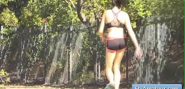  Sweet young brunette teen amateur Cadey goes naked for a jog and jiggle her butt cheeks